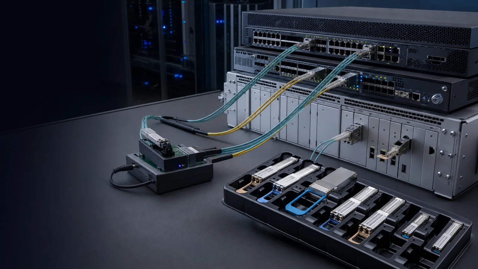 Optical transceivers connected across an interoperability test lab
