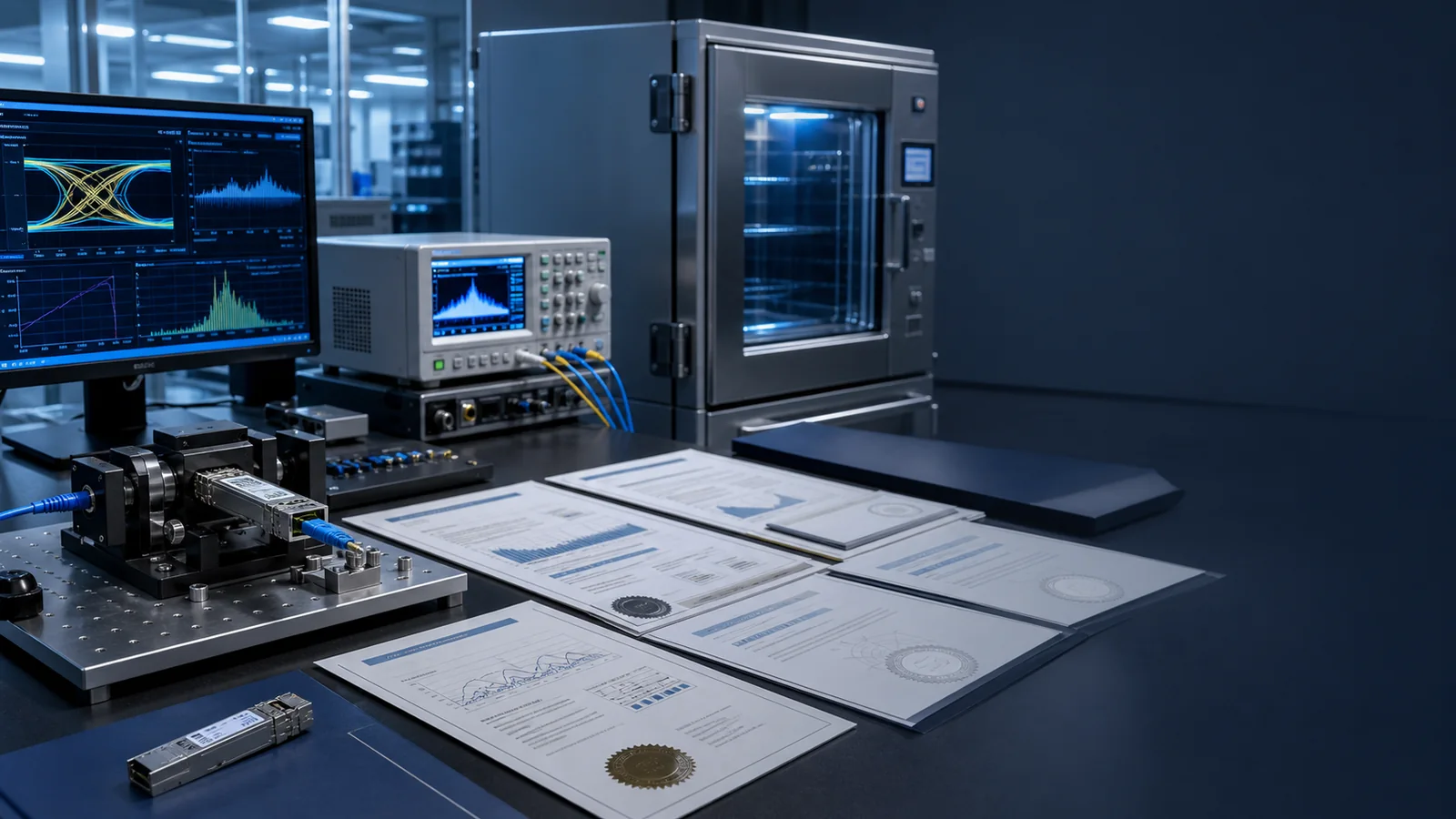 Optical module validation reports beside accredited test equipment